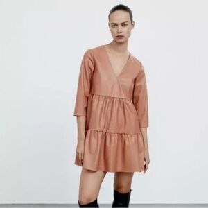 NWOT Zara Faux Leather Mini Dress Tiered Camel Tan